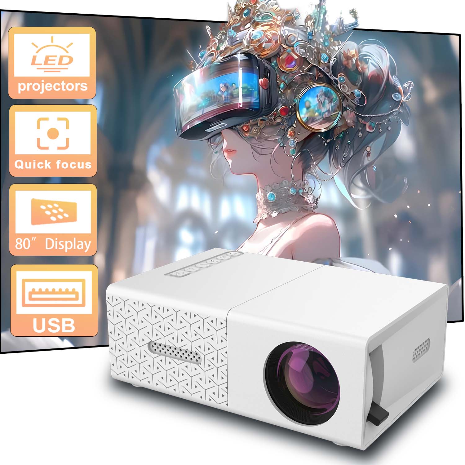 Kompakter Mini-Projektor mit USB-HDMI-Anschlüssen, integriertem Lautsprecher, EU-US-Steckeroptionen, tragbar für unterwegs