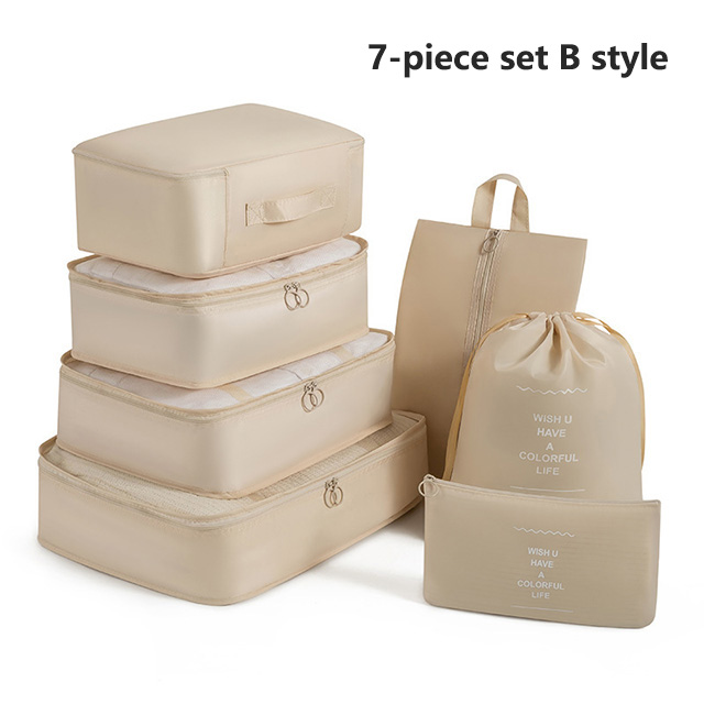 7Pcs Travel Organizer Storage Bags Wardrobe Cube Suitcase Packing Cubes Set Storages Luggage Clothes Shoe Pouch Folding: black