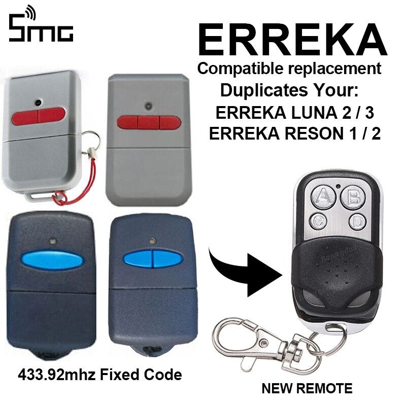 Compatible ERREKA LUNA /ERREKA RESON1 / ERREKA RESON2 433.92Mhz fixed code garage door remote control