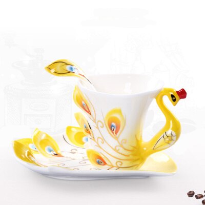 Ensemble de tasses à café paon en porcelaine émaillé 3D, artisanal à la main, avec soucoupe et cuillère, en céramique, tasse à thé et à eau: 230ml / YELLOW