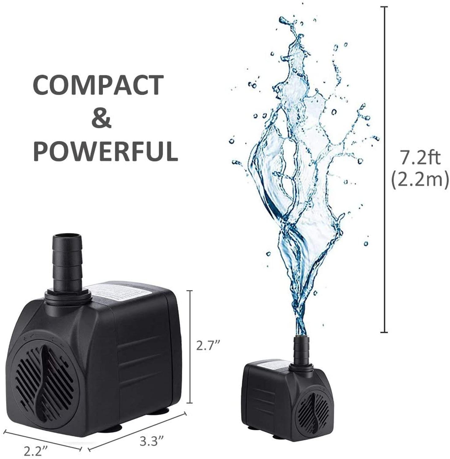 550GPH 30W CE Ultra Quiet Submersible Fountain Water Pump, 2000L/H, with 7.2ft High Lift, 3 Nozzles for Aquarium, Fish Tank, P