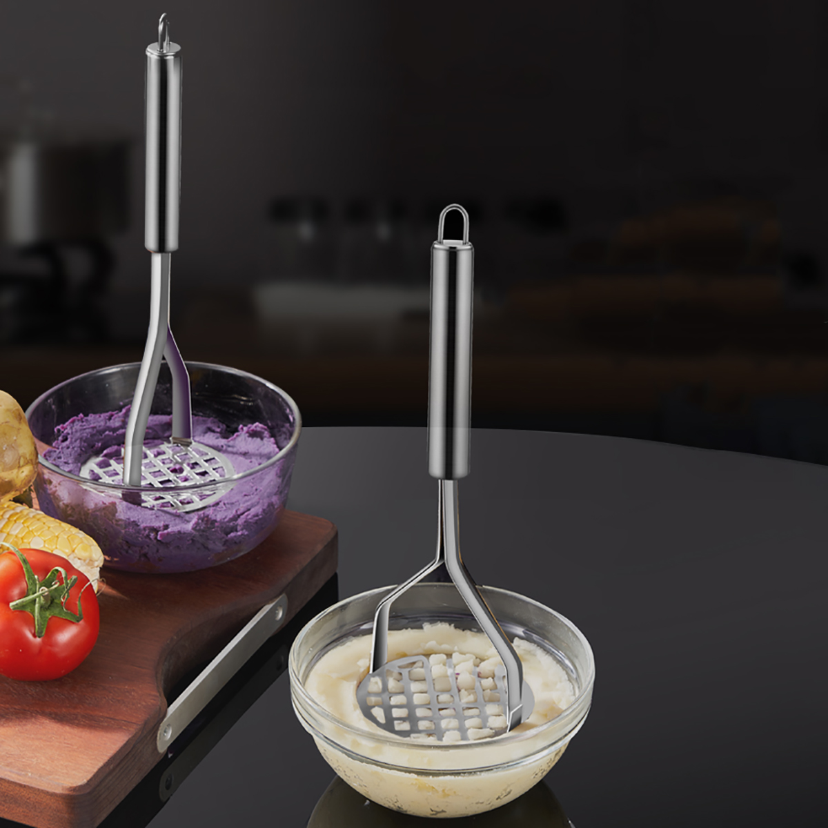 Edelstahl Kartoffelstampfer Ricers Stampfer Püree Lila Süße Potata Kürbis Reibe Hersteller Werkzeuge Brecher Küchenzubehör