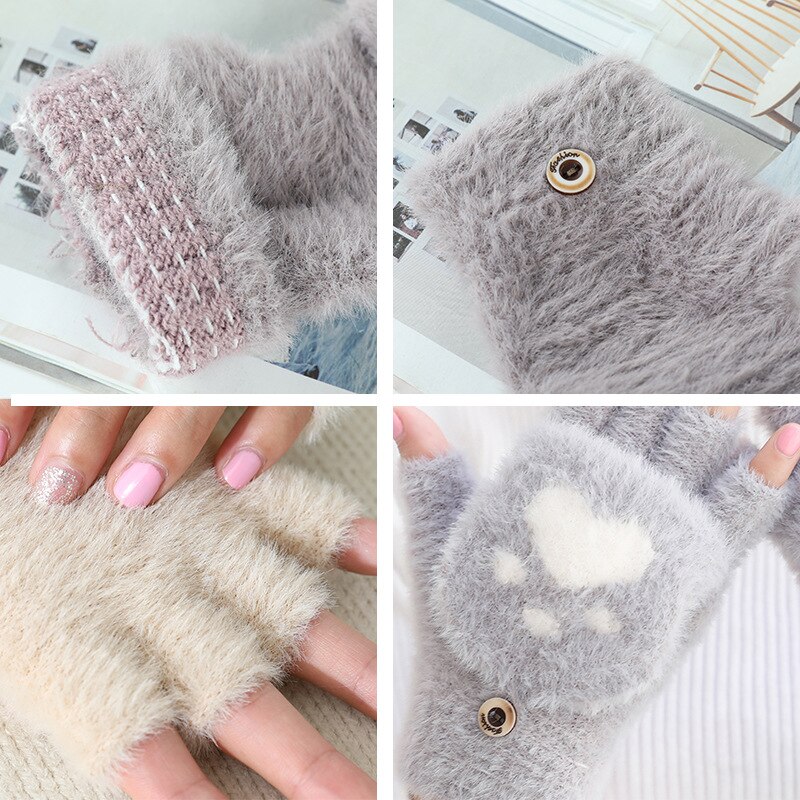 Winter Warme Zachte Konijnenbont Knit Mittens Vrouwen Flip Half Vinger Pluche Dikke Leuke Cartoon Kat Klauw Touchscreen Rijden handschoenen I1