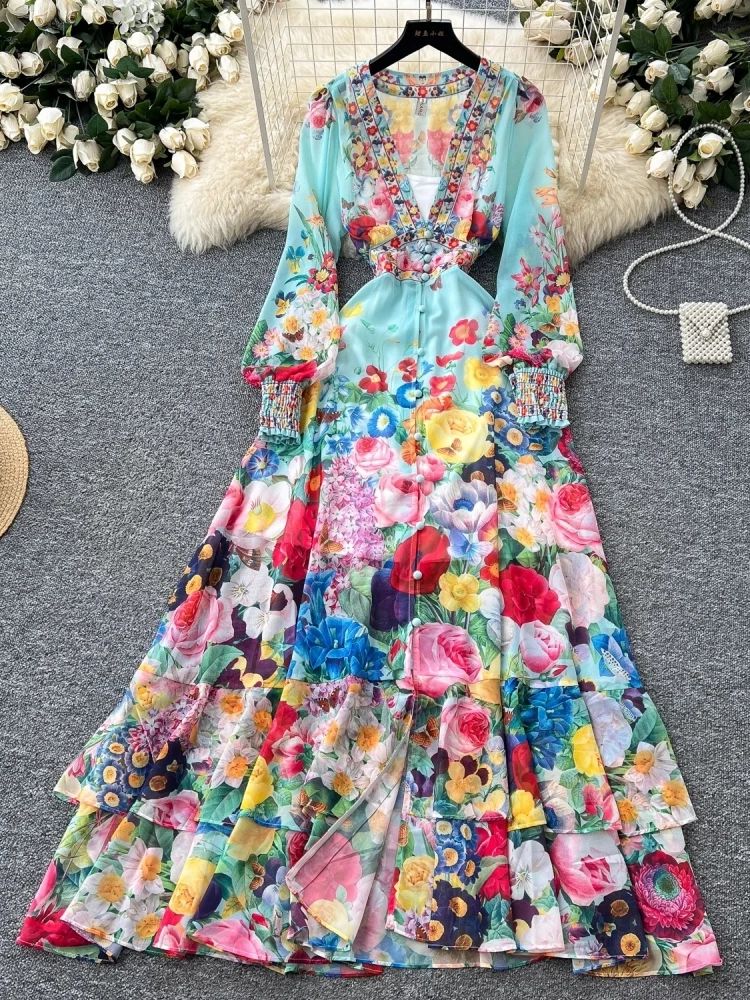 Summer Gorgeous Floral Dress Women's Long Sleeve Ruffles V Neck Flower Print Buttons Chiffon Bohemain Robe Vestidos: M / Blue