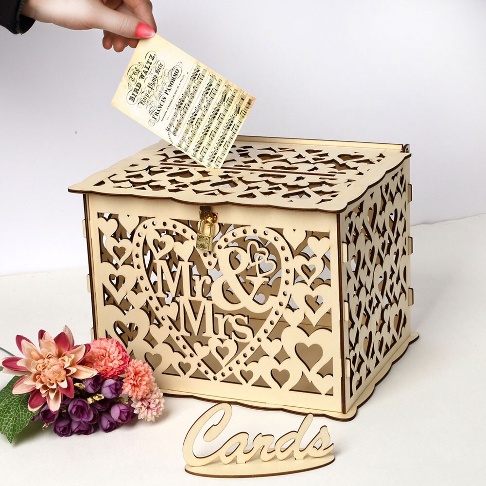 Houten doos voor trouwkaarten, bruiloftbenodigdheden, doe-het-zelf, paar, hert, vogel, bloemenpatroon, raster, visitekaartje, houten doos: Jm01320 kleine