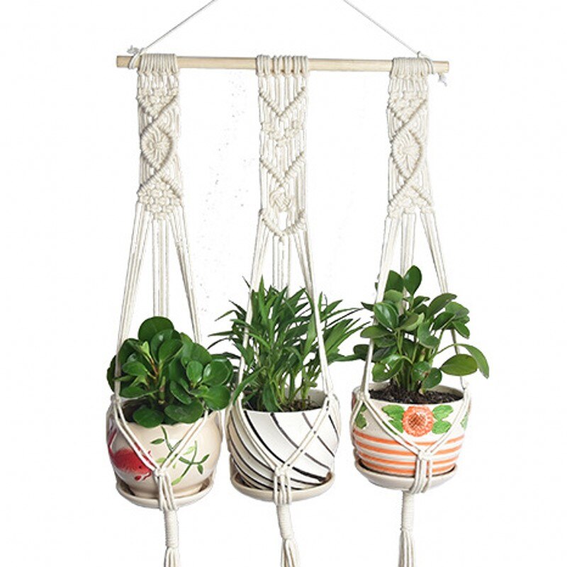 Macrame Plant Hangers Handgemaakte Indoor Outdoor Opknoping Planter Mand Katoenen Touw Muur Plant Houder Bloempot Huis Tuin Decor: White three in one