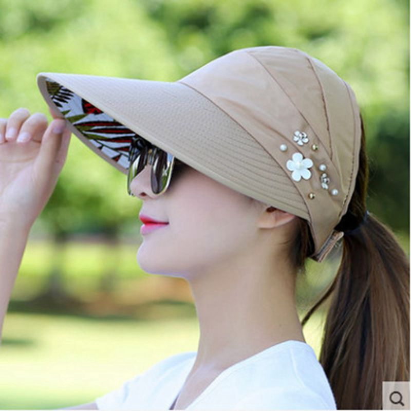 Kvinner solhatt sommer strand uv reise beskyttelseshette damer sammenleggbar floppy lue uformell hestehale hatter med bred brem: Khaki