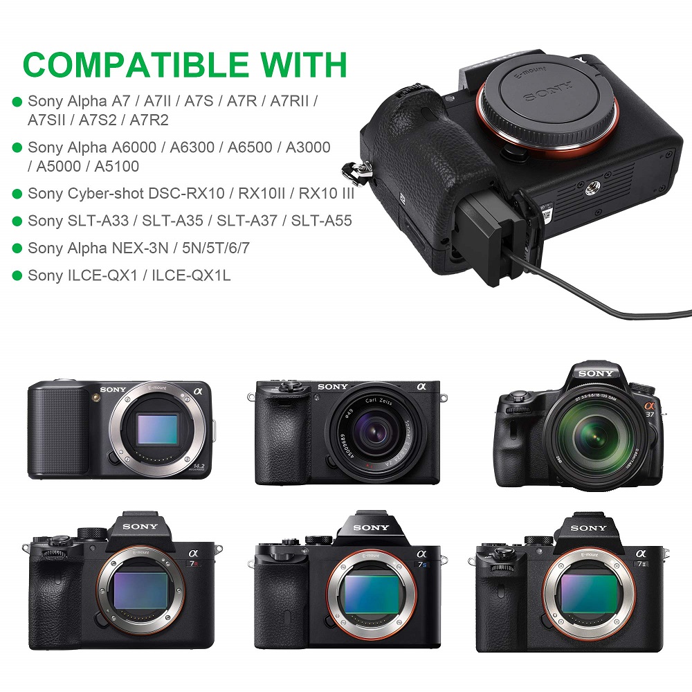 Fuente de alimentación AC-PW20 NP-FW50 Batería ficticia ZV-E10 Kit de adaptador de CA continuo AC PW20 para cámaras Sony Alpha ZVE10 A6400 A6000 A5100 A6100 A6300 A6500 A7 A7II A7S A7SII Cyber-shot DSC-RX10 II III IV