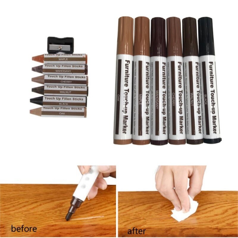 Furniture Repair Kit Wood Markers - Set of 16 - Markers and Wax Sticks with Sharpener