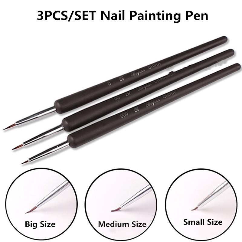 3 Stks/set Nail Art Potlood Tekening Lijn Pen Puntjes Kit Zwart Fijne Plastic Verf Tool Manicure
