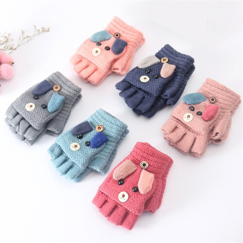 Winter Christmas Kids Warm Gloves Primary School Cashmere Knit Flip Half Finger Gloves Cartoon Mittens For Boys Girls 4-12Y