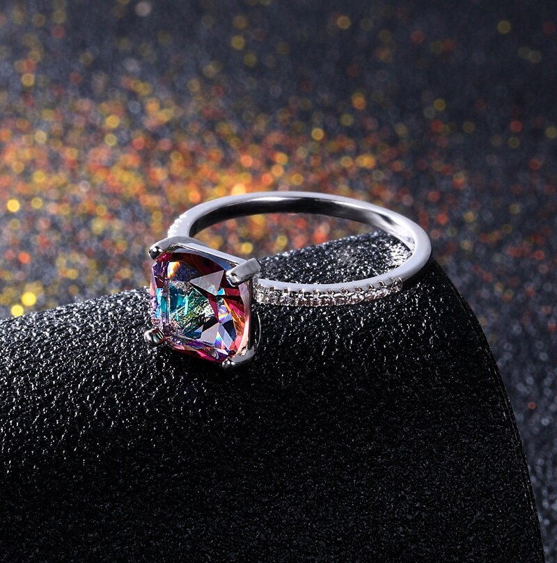 Chamfer Square 8*8MM Mystic Fire Rainbow Topaz Ring for Women Silver Rings Anniversary Jewelry Valentines Day