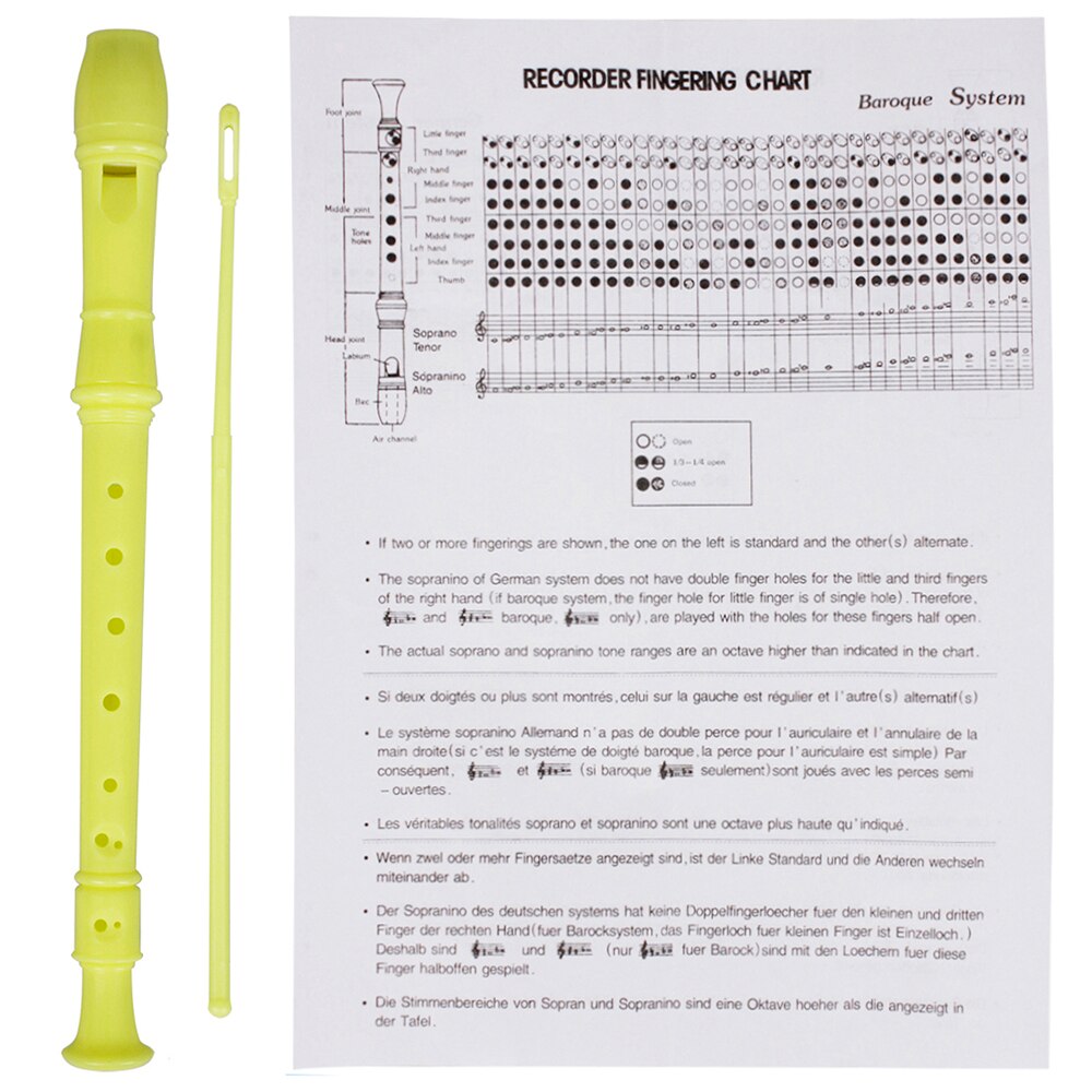 C Schlüssel Sopran Recorder ABS Sopran Diskant Recorder Klarinette 8 Löcher Deutsch Stil mit Grifftabelle Reinigung Stock für freundlicher: Gelb
