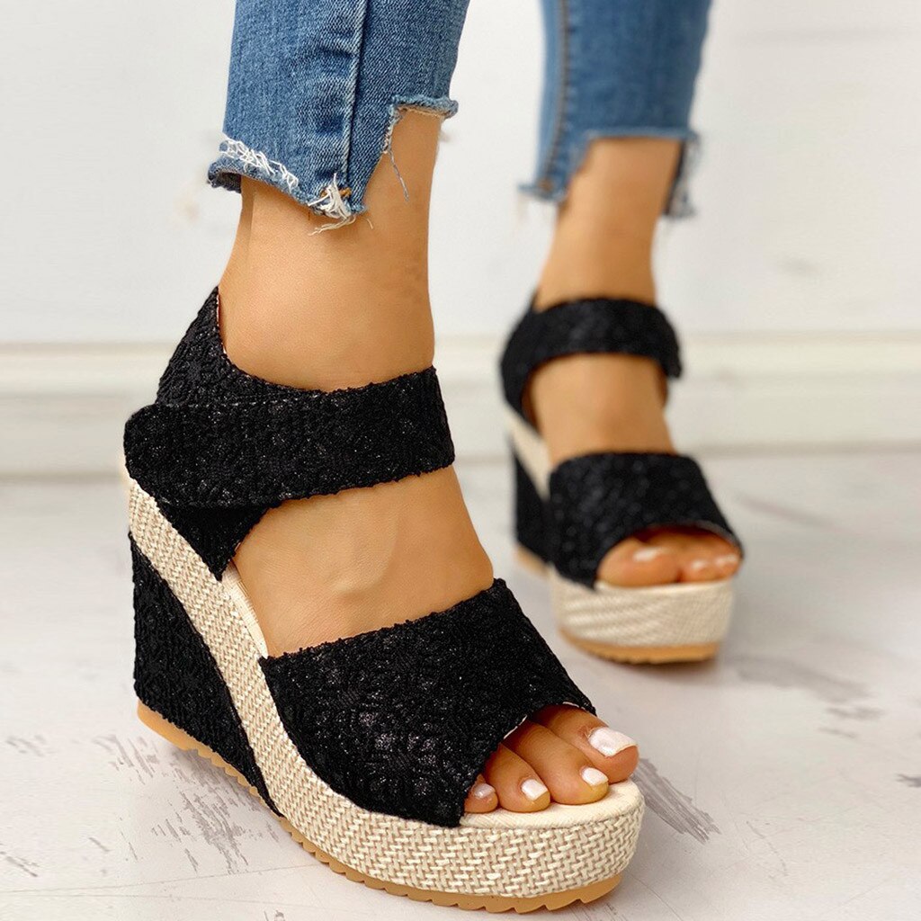 Sandales d'été à talons compensés pour femmes, chaussures de plage à lacets, motif Floral