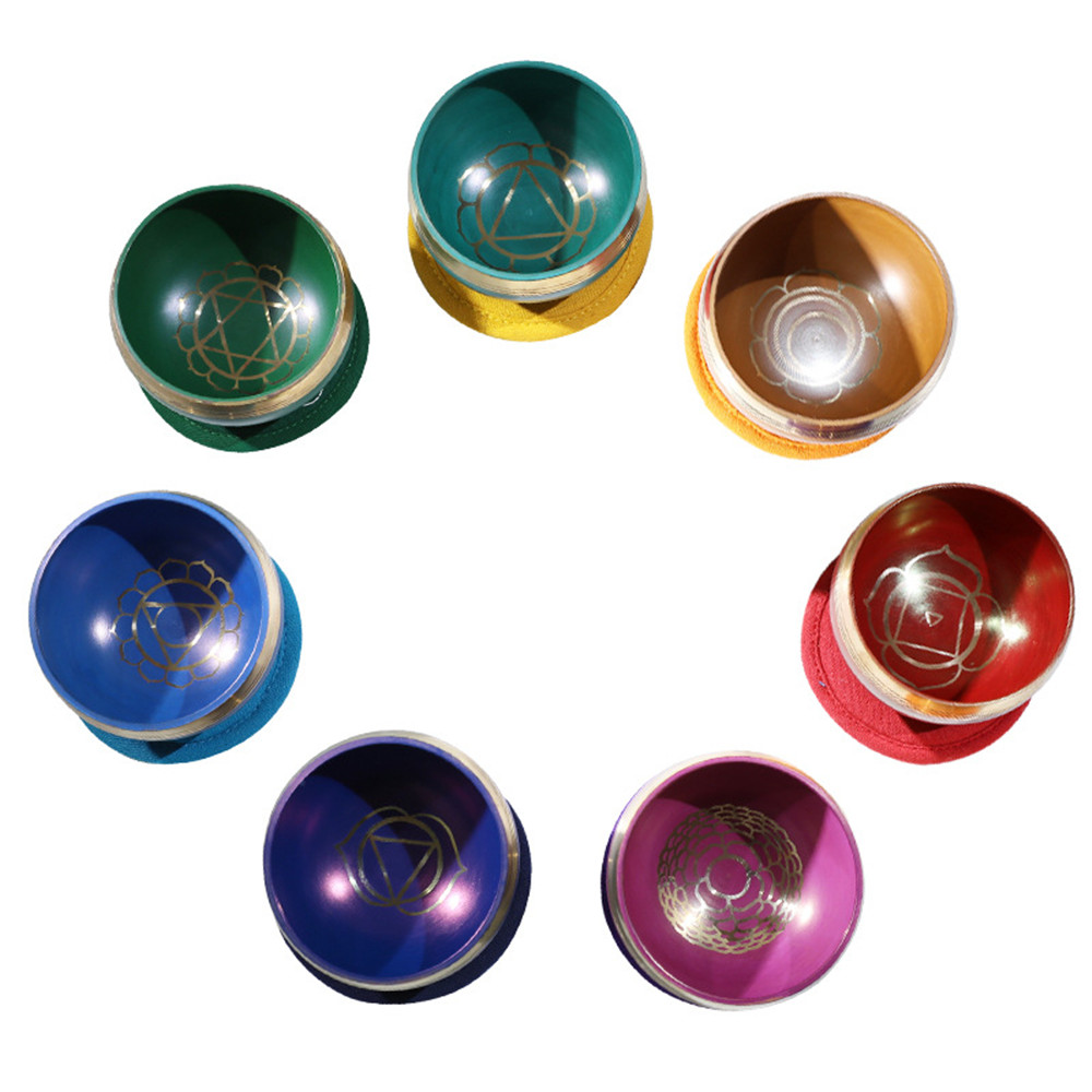 Jeu de 7 bols chantants tibétains, en cuivre du népal, fait à la main, Yoga, méditation, chant, Chakra, coloré, carillon d&#39;oreille