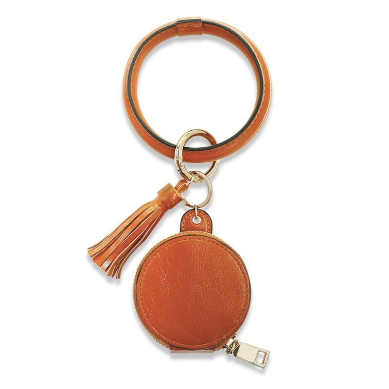 Vrouwen Oordopjes Sleutelhanger Armband Tas Lederen Polsbandje Cirkel Sleutelhanger Bangle Koptelefoon Kwastje Mini Portemonnee Met Make-Up Spiegel: Coffee