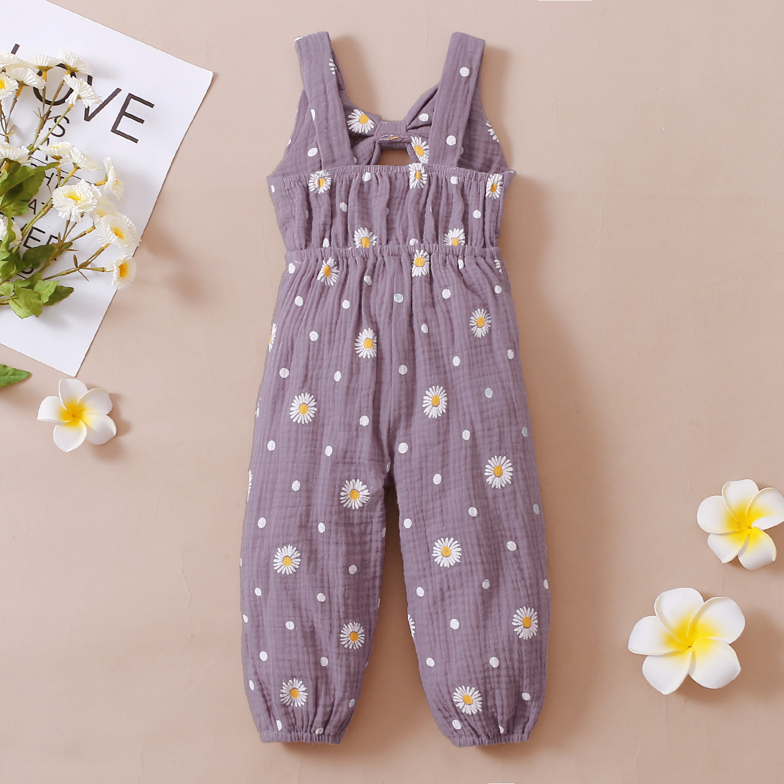 Peuter Baby Meisje Mouwloze Romper Daisy Print Hollow Out Bow-Knoop Decor Lange Bodysuit Casual Zomer Jumpsuit Playsuit