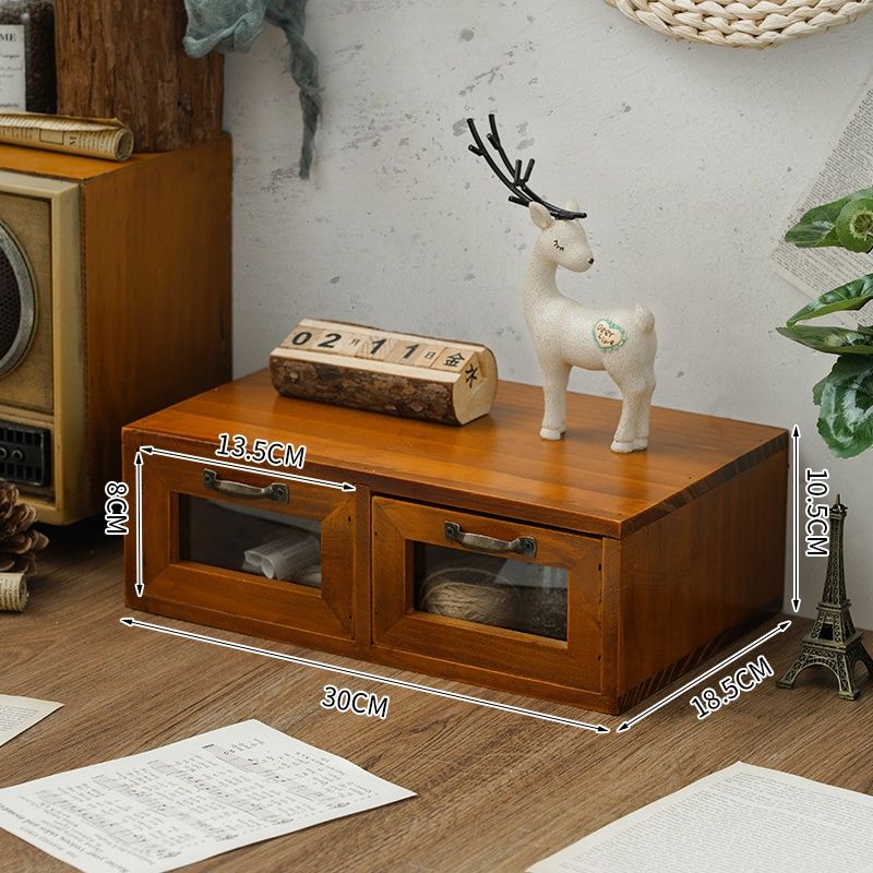 Retro computer monitor elevated base office wooden desktop storage box glass drawer wooden box: A