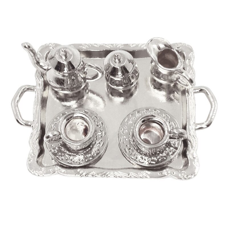 1: 12 poppenhuis Meubels Miniatuur Eetkamer Ware Speelgoed 8 Stuks Metalen Thee Set Theepot Cup Plaat Lengte 6.5cm