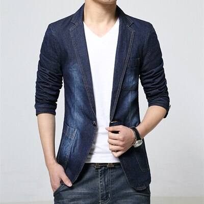 MOGU hommes veste printemps nouveauté Denim Blazer Jean manteau pour homme jolie pochette Slim Fit asiatique taille Blazer hommes: Blue / XXXL