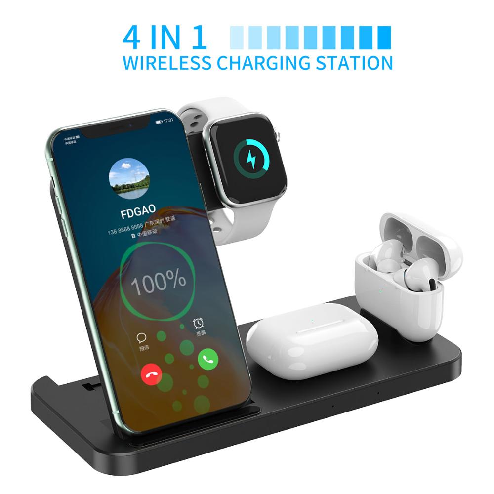 15W 4 In 1 Wireless Charger Dock Station for iPhone 13 12 11 X XS XR 8 Apple Watch 7 6 5 4 3 Airpods Pro Qi Fast Charging Stand