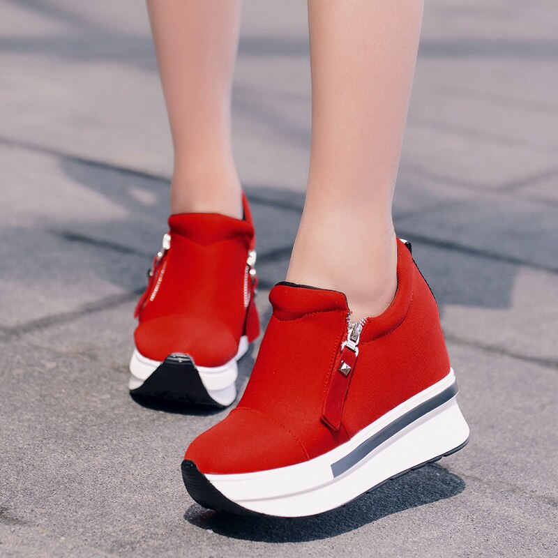 Tênis de plataforma vermelho sapatos de lazer sapatos de plataforma confortáveis sapatos de lona mulher invisível cunha sneaker sapato feminino: Red / 37