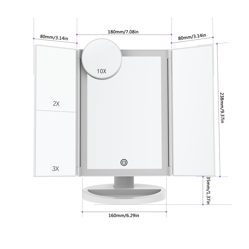 Led desktop trefaldig sminkspegel 2x 3x 10x 180 graders fritt roterande bord bänkskiva kosmetisk badrumsspegel