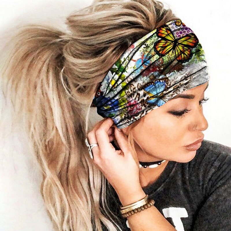 Kvinder bred sports yoga pandebånd stretch hårbånd elastisk print hårbånd boho turban hår tilbehør svedbånd