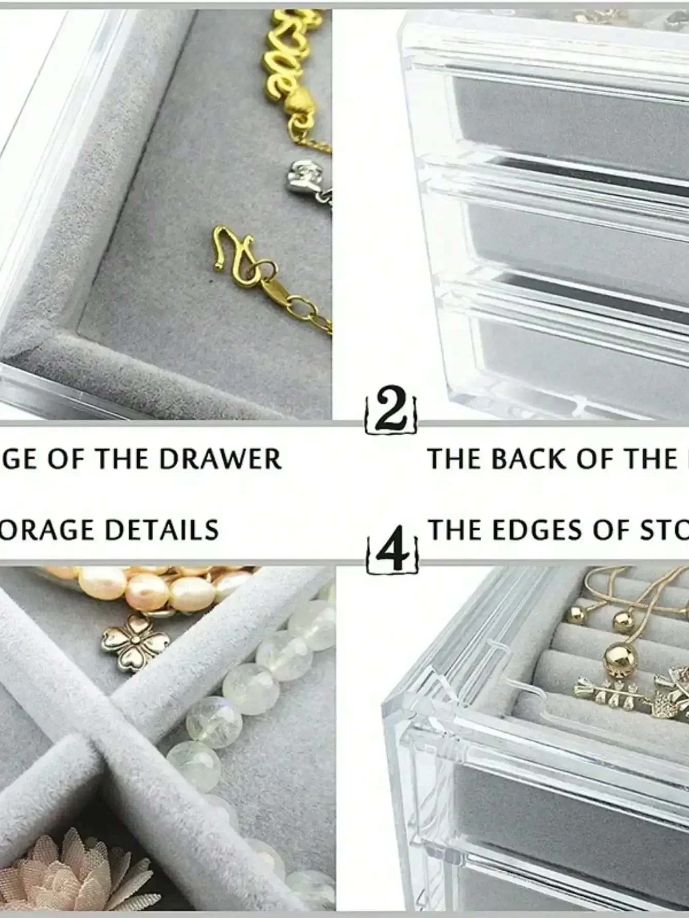 Acrylic Velvet Jewelry Organizer with 3 Drawers Stackable Display Storage Earrings Necklace Bracelets Box Holder Case for Women
