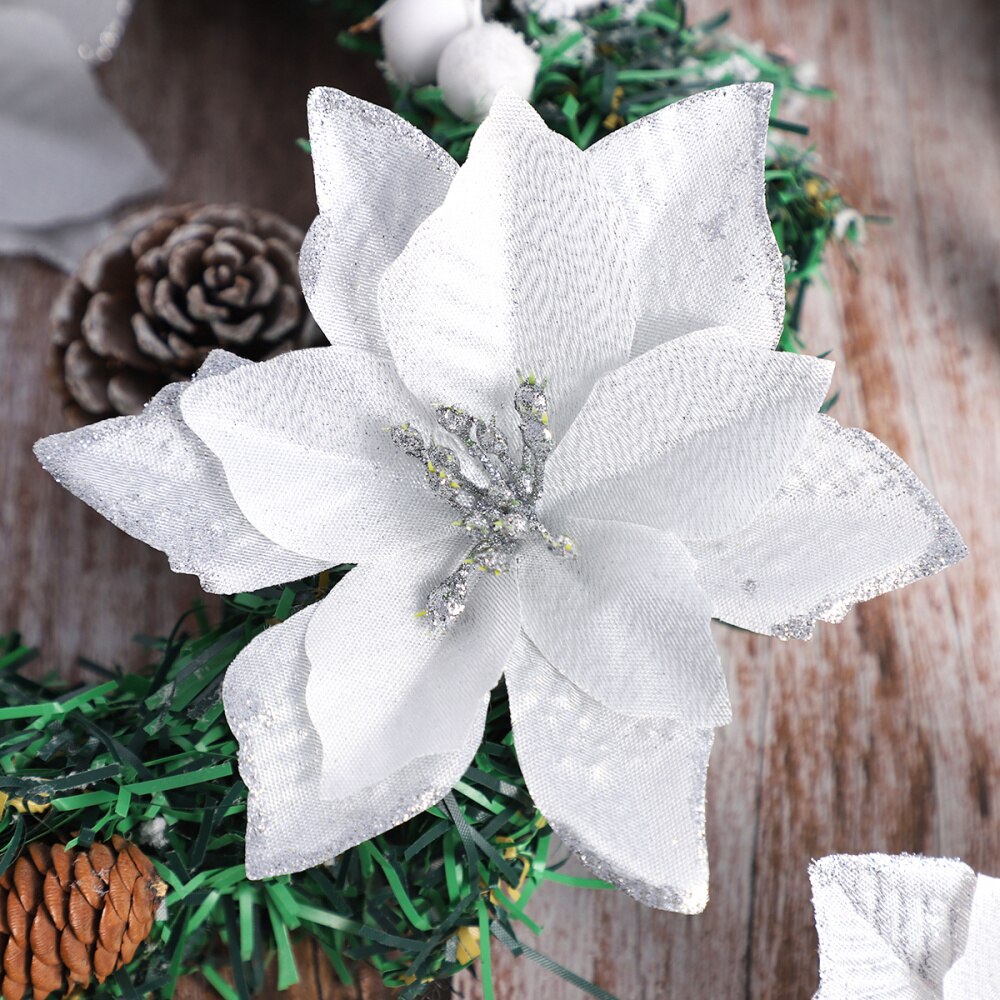 24 stk blomsterhoved glitter kunstig silke blomst juletræ ornament diy juledekoration år indretning navidad
