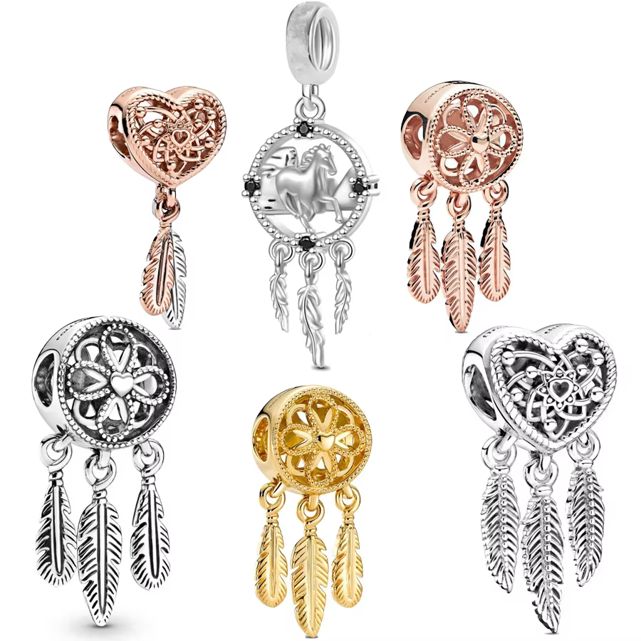 spirituele drie veren Dreamcatcher Charm Bead Fit originele 925 sterling zilveren armband ketting DIY sieraden cadeau
