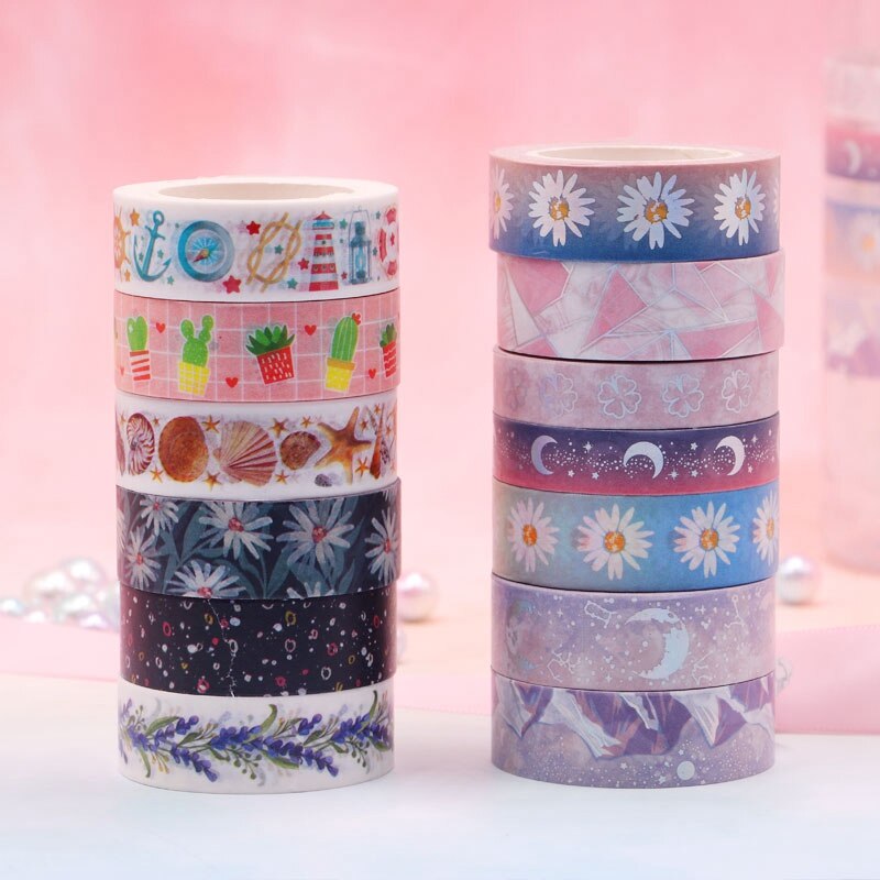 Decoratieve Bloem Sterrenhemel Maan Paars Bergen Zilver Folie Washi Tape Diy Voor Scrapbooking Fotoalbum Lijm Afplakband