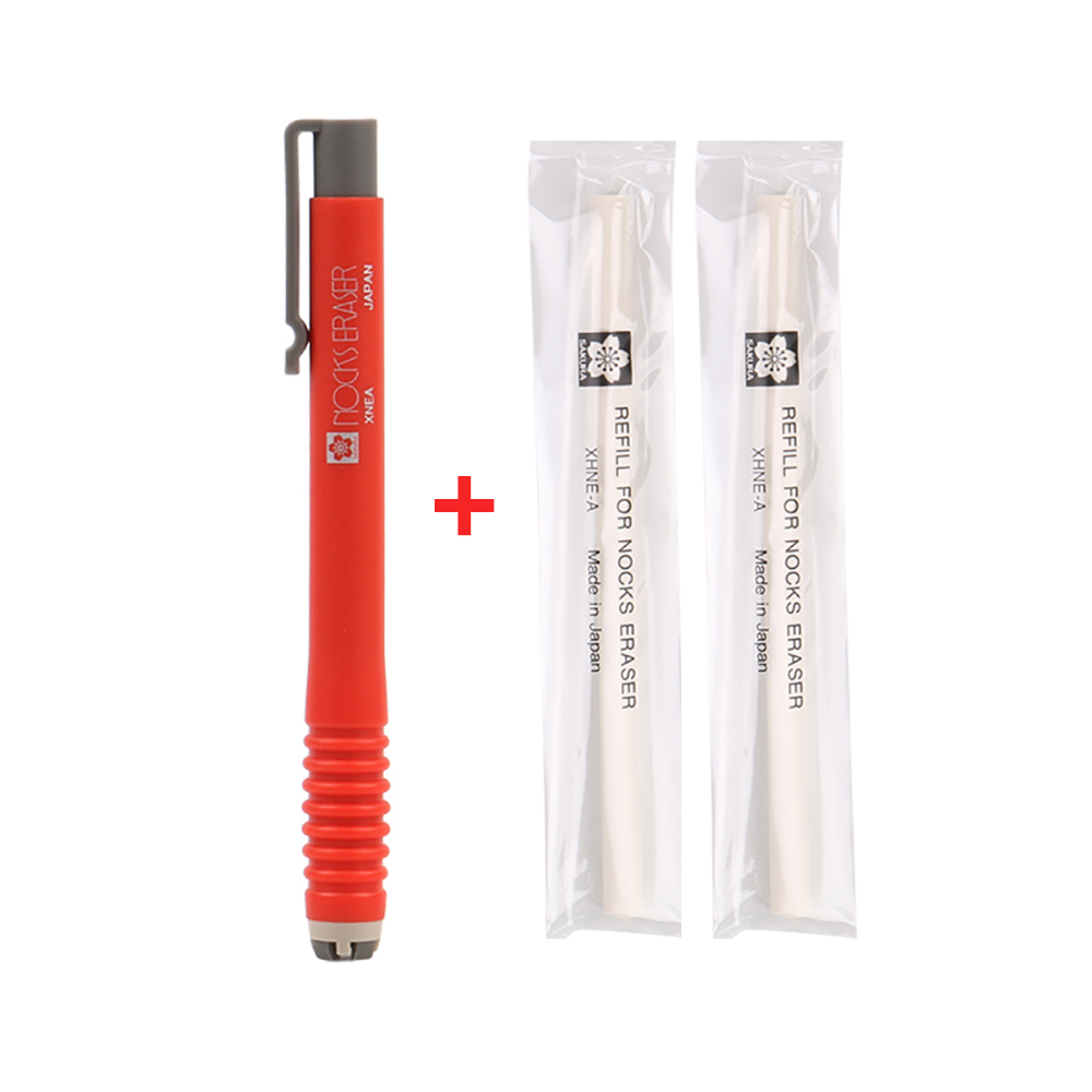 Japan Sakura Nocks Eraser Press-type Pen Eraser XNEA Sketch Art Painting Special High-gloss Eraser School Supplies Stationery: red and 2 refills