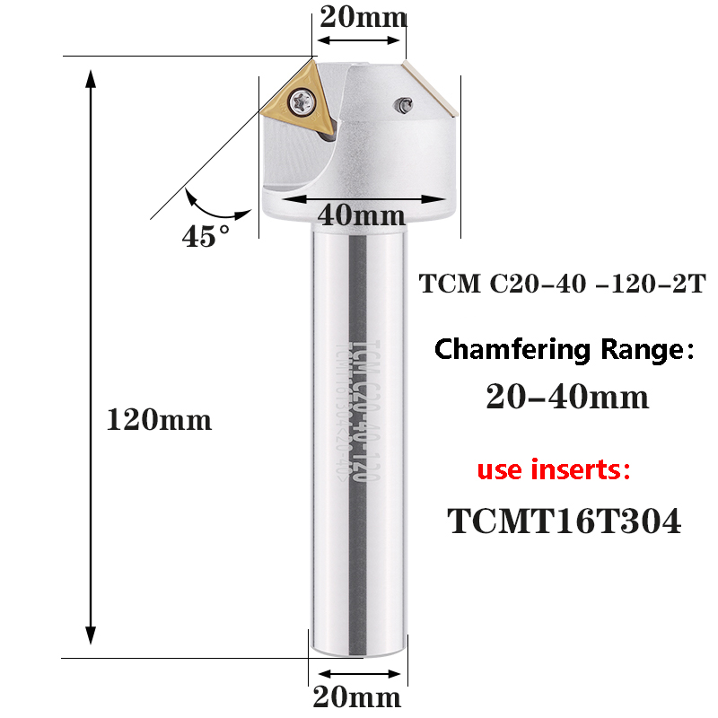 LIHAOPING TCM herramienta de chaflán de 45 grados 12 16 20 mm C20-40-120 torno CNC fresa de acero de tungsteno TCMT fresa de extremo de inserción de carburo: 10.5 mm