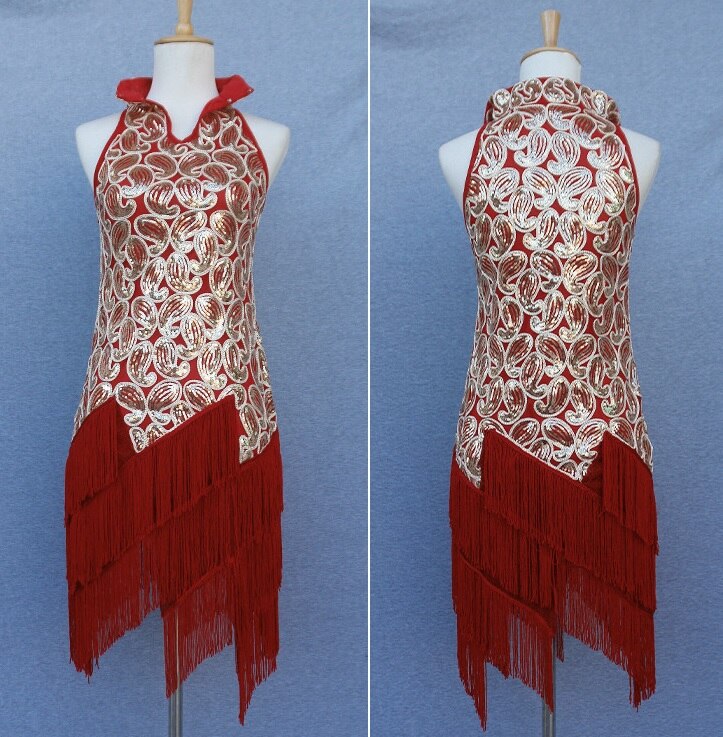 ballroom latin dance dress women black competition gold sequin Fringe Dancing Dresses Costume Tango Samba Skirts cha cha salsa: RD