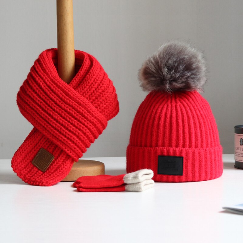Baby lue høst vinter barn lue skjerf gutter og jenter hodehette skjerf baby ull lue trend hanske 3- deler dresser: Rød / 2-3 år gammel