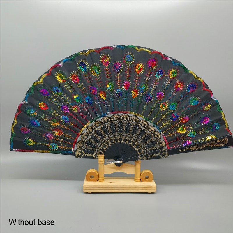 Art Folding Tail Feather Plastic Bone Sequins Carved Hand Fan Summer Accessory Crafts Print Home Decor Embroidery: black multicolor