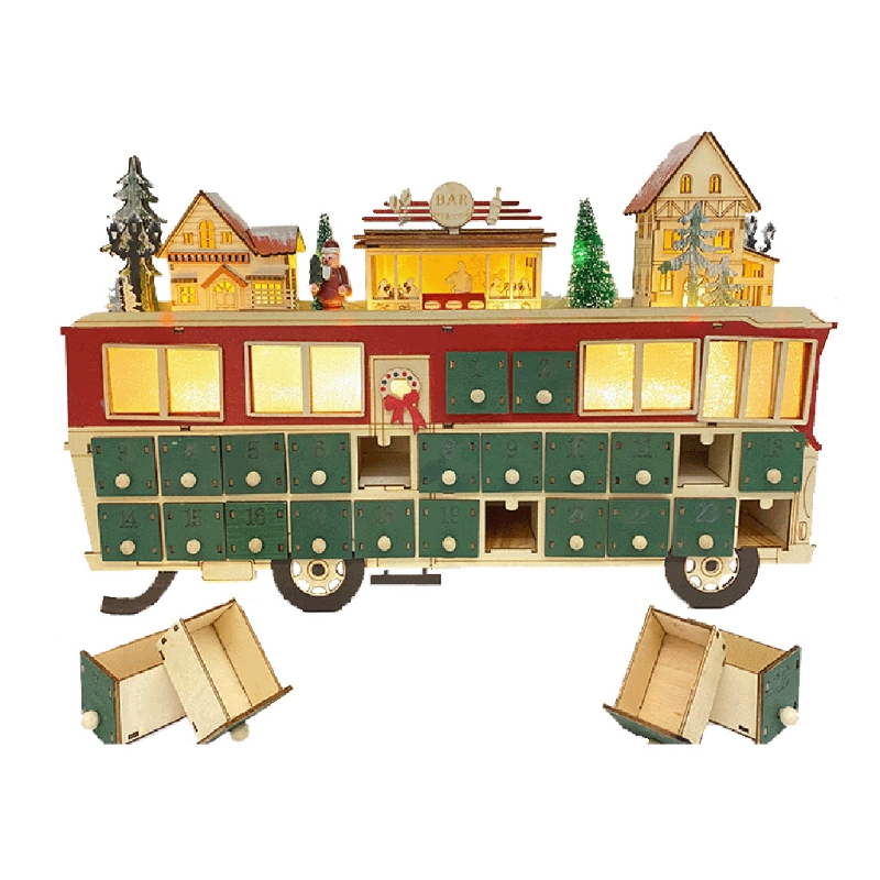 Kerst Houten Advent Kalender Bus Ornament Met Lades Led Light Up Dorp Scène 24 Dag Countdown Xmas Tafel Top