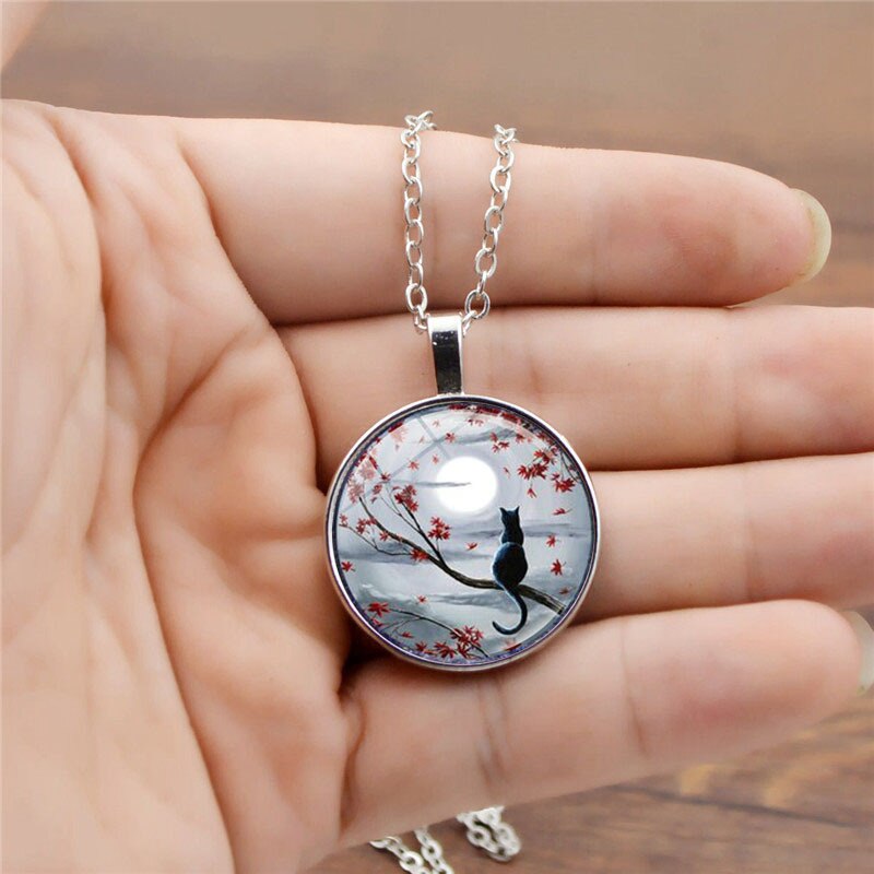 Maan En Kat Art Foto Sieraden Set Cabochon Glas Hanger Ketting Oorbel Armband Totaal 4 Stuks Voor Vrouwen Mode party