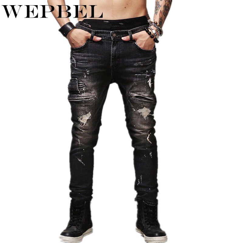 WEPBEL Hip Hop Rock Moto Jeans Mens Distressed Ripped Punk Skinny Stretch Denim Biker Jeans Male Straight Black Pants Plus Size