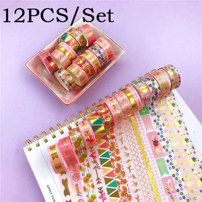 Set van 12 washi-afplaktape, klevende decoratieve papiertape, doe-het-zelfdecoratie, kantoorbenodigdheden, plakboek