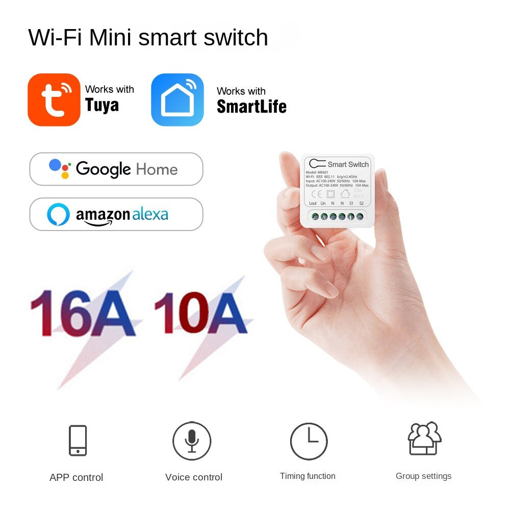 Tuya – Mini commutateur WiFi intelligent, 10a, 16a, 2 voies, Module de contrôle domotique, fonctionne avec Alexa Google Home Yandex Alice Smart Life