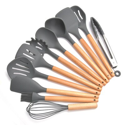 Juego de utensilios de cocina de silicona, cocina antideslizante con mango de madera con cubo de almacenamiento, cuchara, utensilios de cocina creativos: 11pcs no Storage