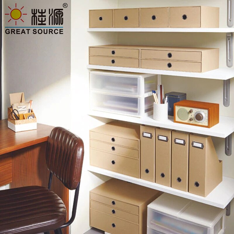 3 Lagen Kast Cardboads Bureau Top Organizer Home Storage 3 Laden Kast Beige Faux Linnen Natrual Hout Papier (2 Stuks)