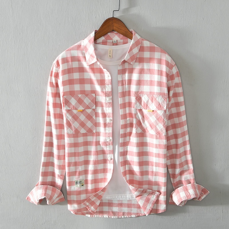 Rosa Kariertes Hemd Männer drehen-unten Kragen 100% Baumwolle Jahrgang Langarm lässig Hemden Herbst Neue Mann Kleidung Y3138