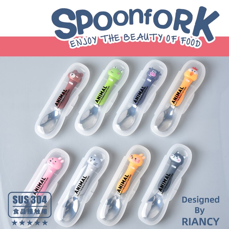 WHYOU Cartoon Stainless Steel Spoon Set Children Kid School Portable Outdoor Travel Cutlery With Storage Box