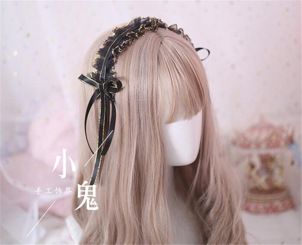Gótico Lolita negro encaje cinta lazo pelo banda japonés coreano KC diadema mujeres Vintage accesorios B460