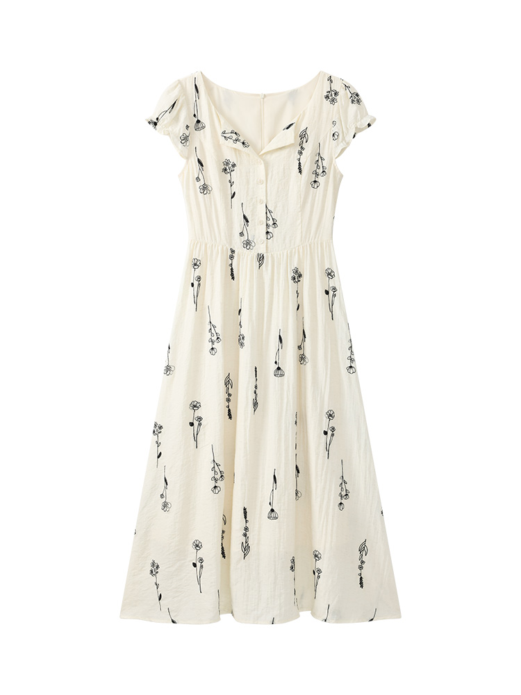 Vestido de lino bordado Floral francés para mujer, vestido largo acampanado de manga corta con cuello en V, vestido ligero con cintura, uso diario