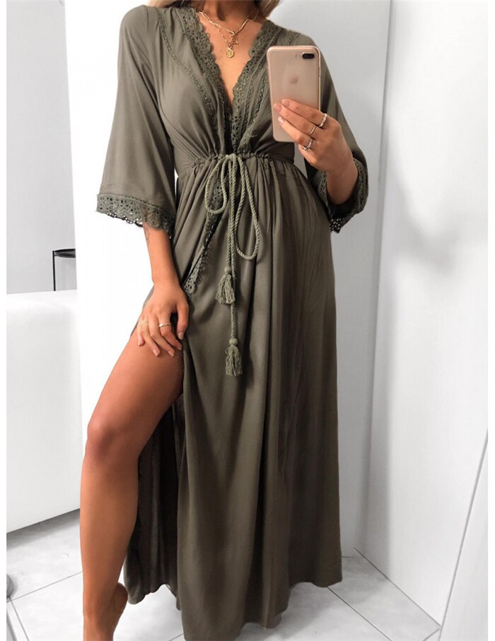 Lång dräkt dam strand kofta klänning mjuk sexig ihålig spets knyta midja slim fit casual lös sommarklänning maxi kvinnlig: Grön / M
