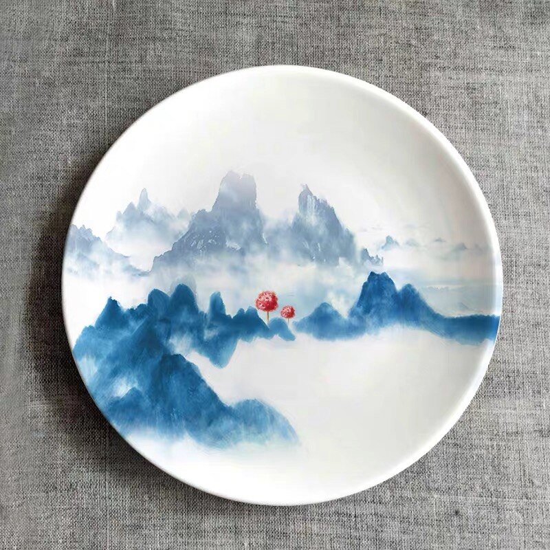 Plato colgante de pared con pintura de paisaje moderno de cerámica, Plato decorativo de porcelana creativa, adornos de decoración de entrada de la casa: D